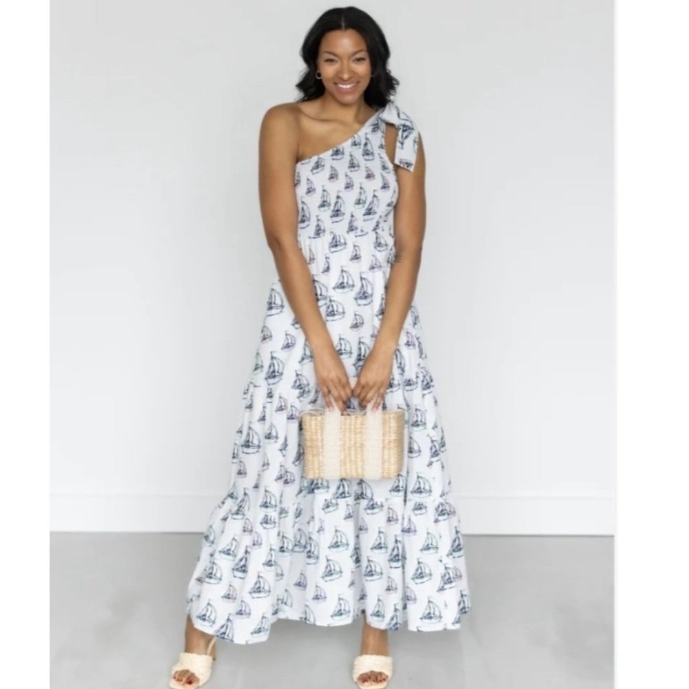 One-Shoulder White Sailboat Print Maxi Dress